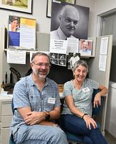 Only three directors have led the Bohart Museum of Entomology since 1946. Pictured are hymenopterist Lynn Kimsey, director from 1990 to Feb. 1, 2024, and arachnologist Jason Bond, director since Feb. 1. The portrait shows Richard 